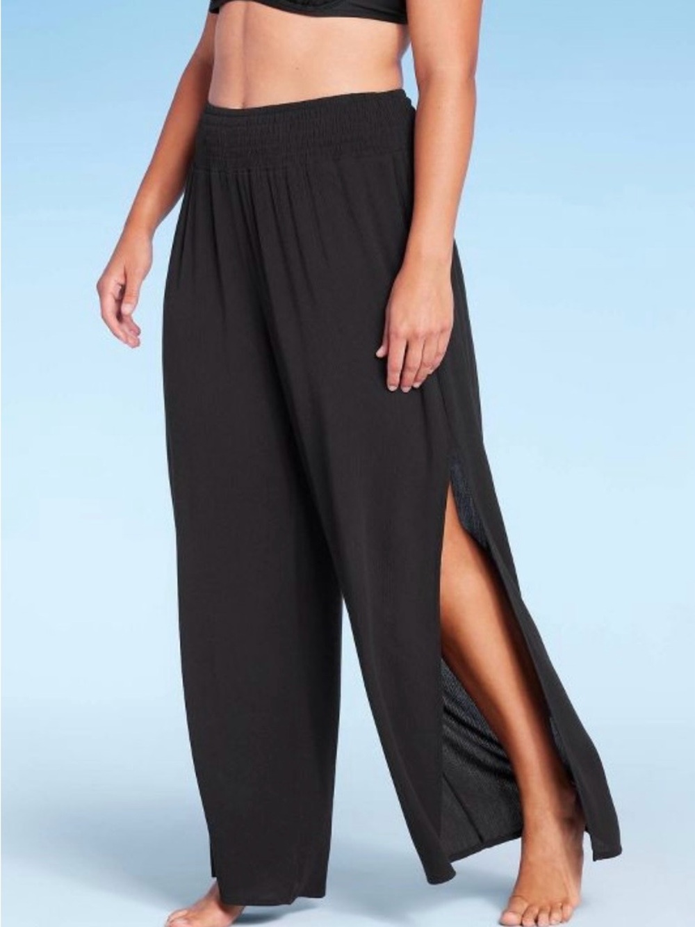 Kona Sol Womens Black Pull On Wide Leg Pants Side Slits Elastic Waist Size M